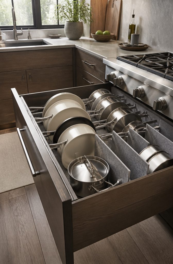 How to Organize Pots and Pans: 12 Ideas for Any Kitchen in 2026 8 Deep kitchen drawer with dividers holding various pots and pans.