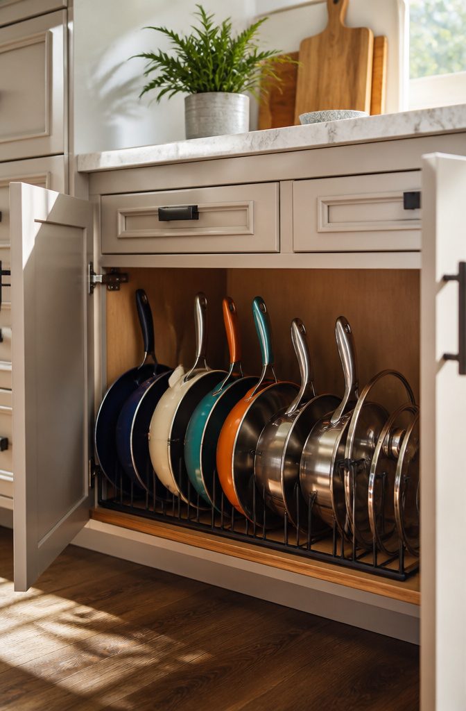 How to Organize Pots and Pans: 12 Ideas for Any Kitchen in 2026 5 Pan organizer rack storing pots and pans vertically in a cabinet.