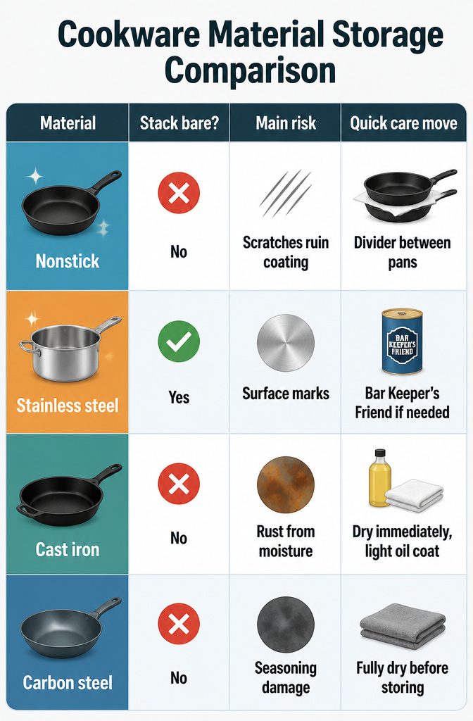 How to Organize Pots and Pans: 12 Ideas for Any Kitchen in 2026 16 Comparison chart detailing storage needs for various cookware materials.