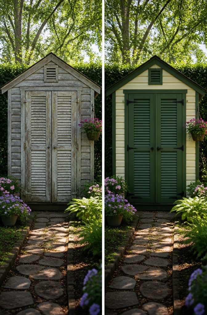 20 Simple Shed Ideas for Your Backyard in 2026 4 Garden shed with shutters made from repurposed closet doors.