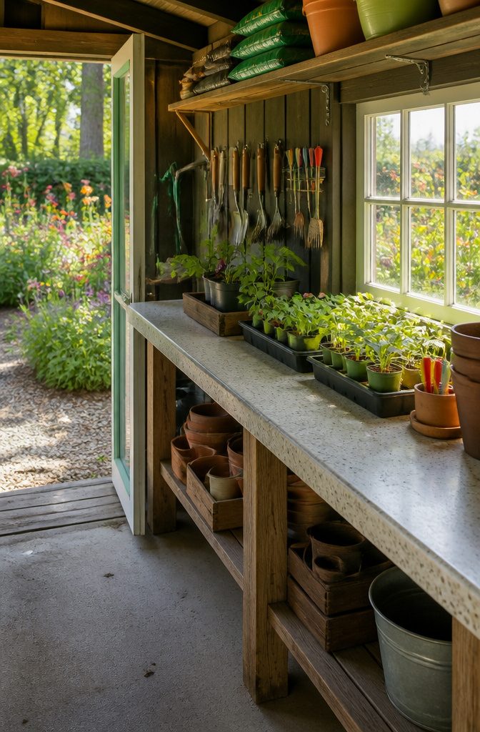20 Simple Shed Ideas for Your Backyard in 2026 3 A potting shed with a countertop bench and organized gardening tools.