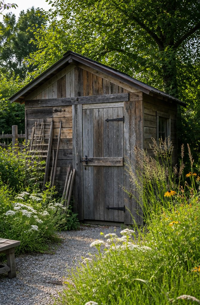 20 Simple Shed Ideas for Your Backyard in 2026 2 A rustic shed made from reclaimed wood with natural gray and brown hues.
