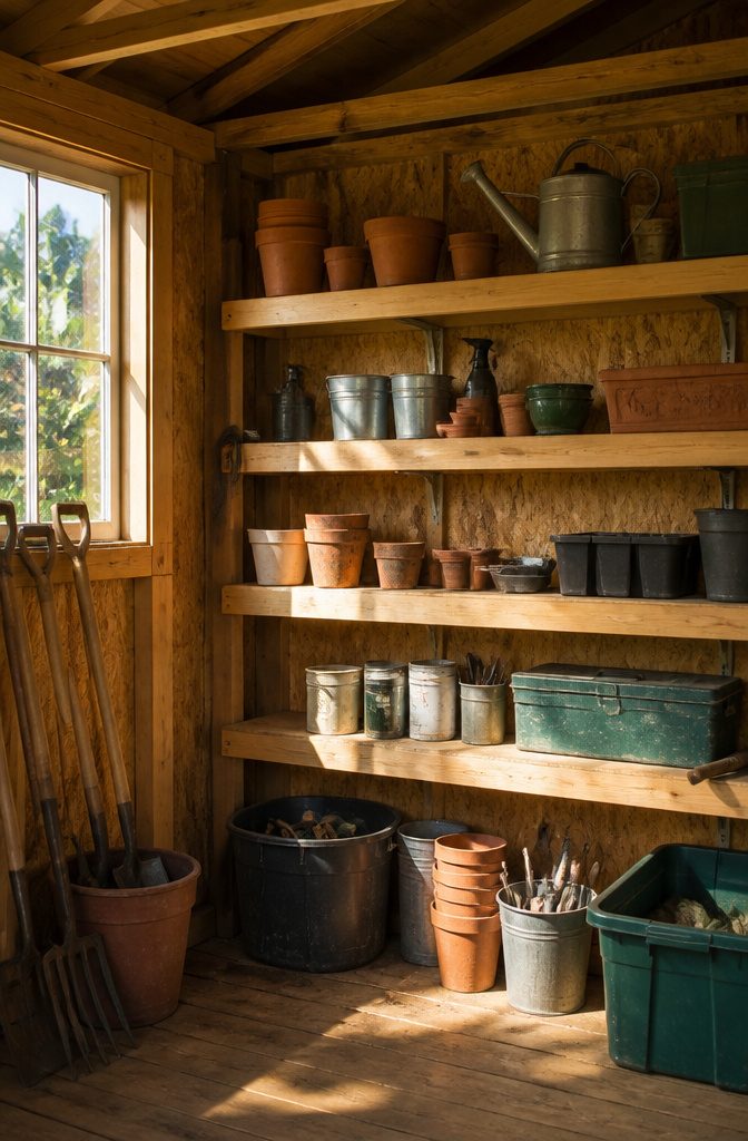 20 Simple Shed Ideas for Your Backyard in 2026 19 Shed interior with wall-mounted shelves holding gardening tools.