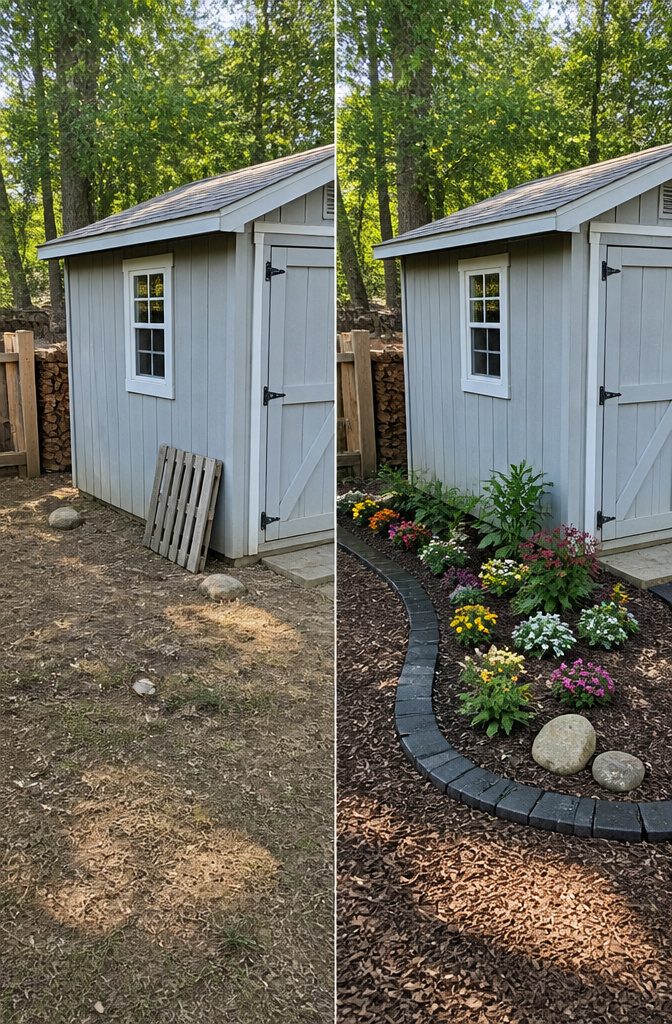 20 Simple Shed Ideas for Your Backyard in 2026 10 Flower beds edged with roof shingles surrounding a shed.