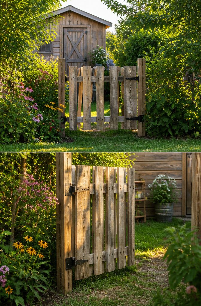 20 Simple Shed Ideas for Your Backyard in 2026 9 Shed entrance framed by a gate made from wooden pallets.
