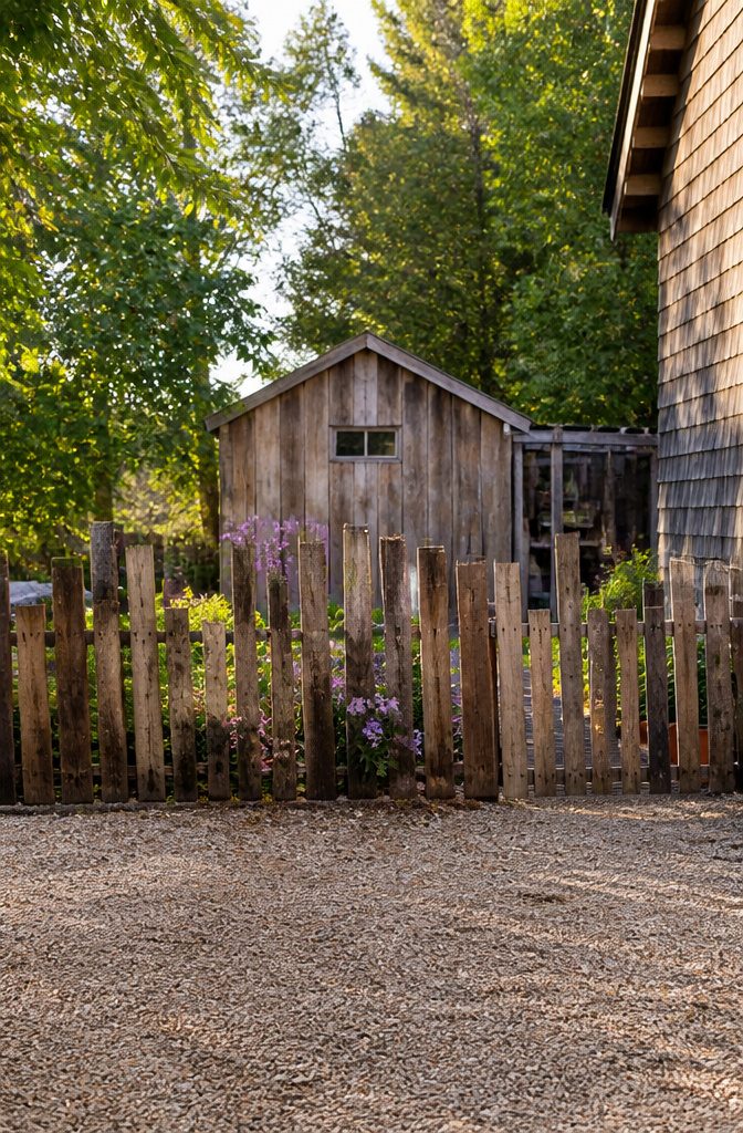 20 Simple Shed Ideas for Your Backyard in 2026 14 Fence made from standing pallets surrounding a shed.