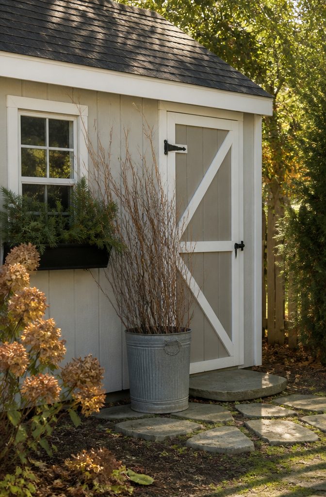 20 Simple Shed Ideas for Your Backyard in 2026 13 Shed adorned with seasonal decor including a galvanized bucket.