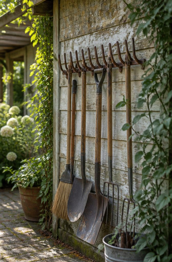 20 Simple Shed Ideas for Your Backyard in 2026 15 Shed wall featuring a tool holder made from a rake head.