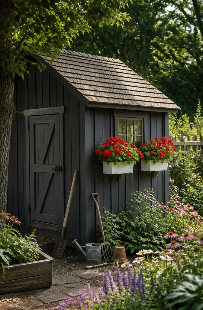 20 Simple Shed Ideas for Your Backyard in 2026 6 Shed with window boxes made from vinyl gutters filled with flowers.