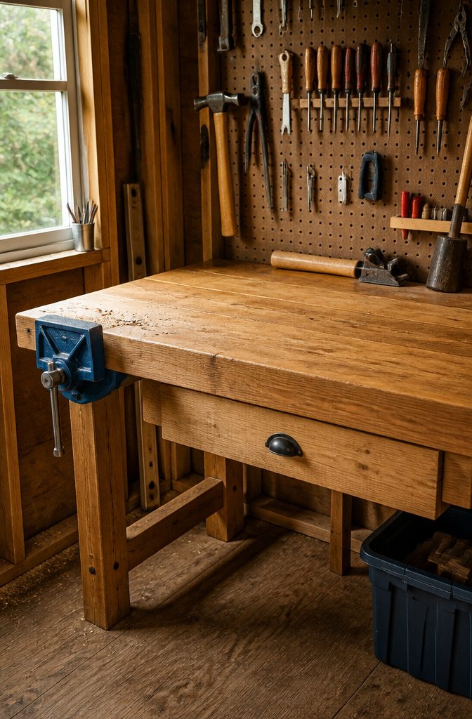 20 Simple Shed Ideas for Your Backyard in 2026 20 Shed featuring a workbench anchored to the back wall.