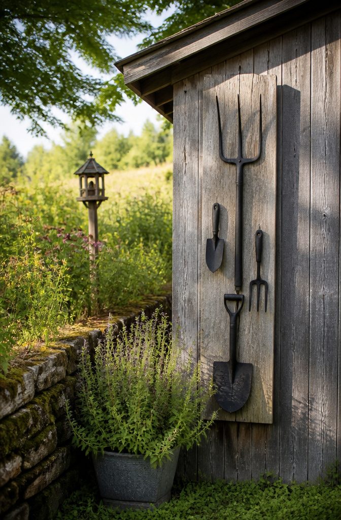 20 Simple Shed Ideas for Your Backyard in 2026 8 Garden shed decorated with a vertical sign made from tools.