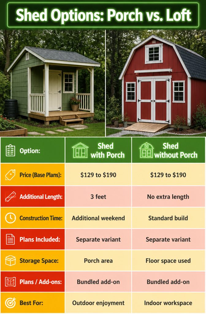 Illustration of shed design options, showcasing porch and loft.