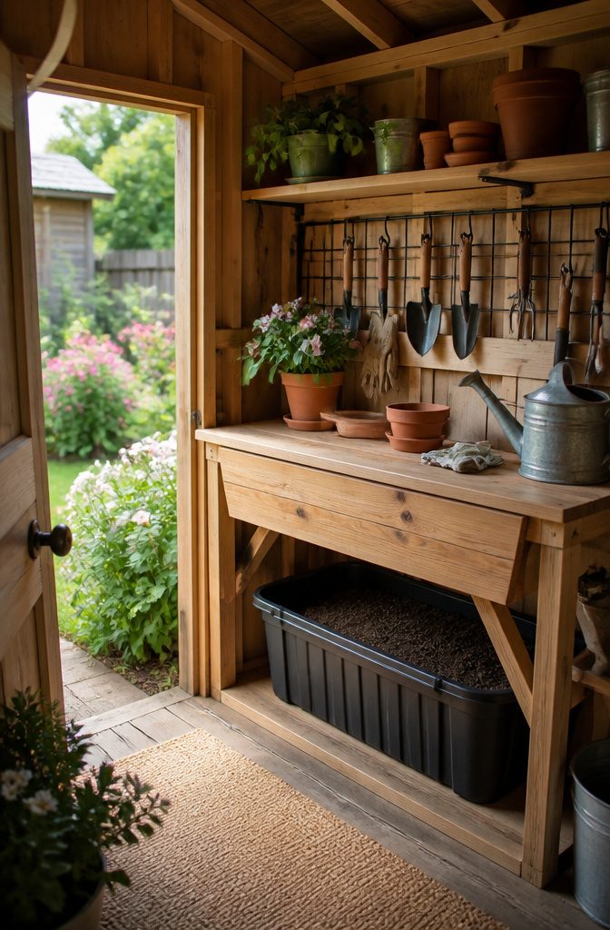 Garden shed featuring a potting bench and tools displayed.