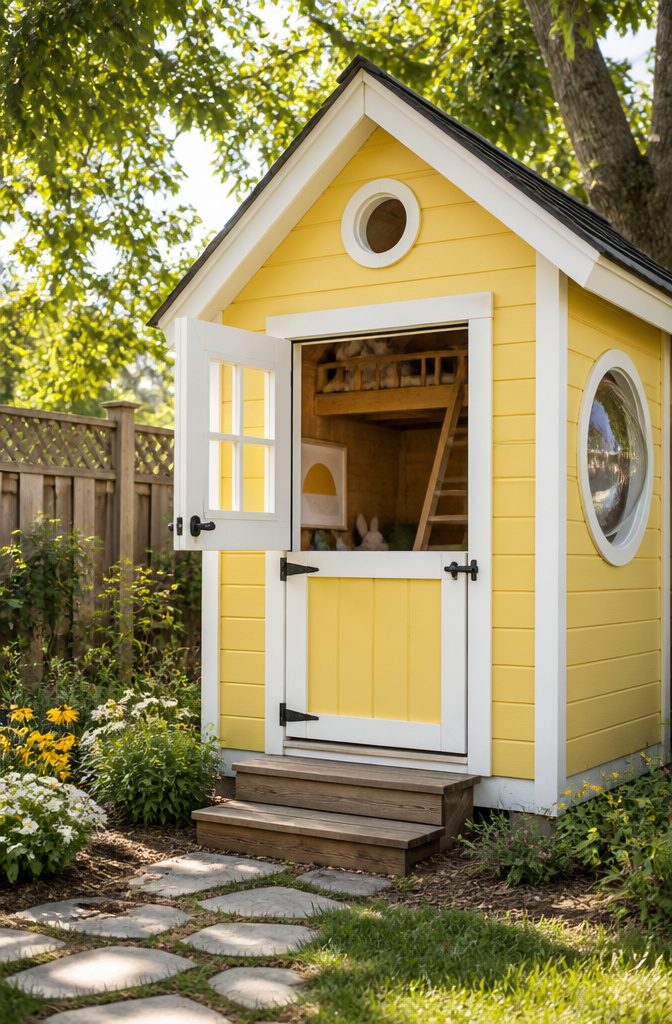 Colorful playhouse shed with a bubble window and loft.