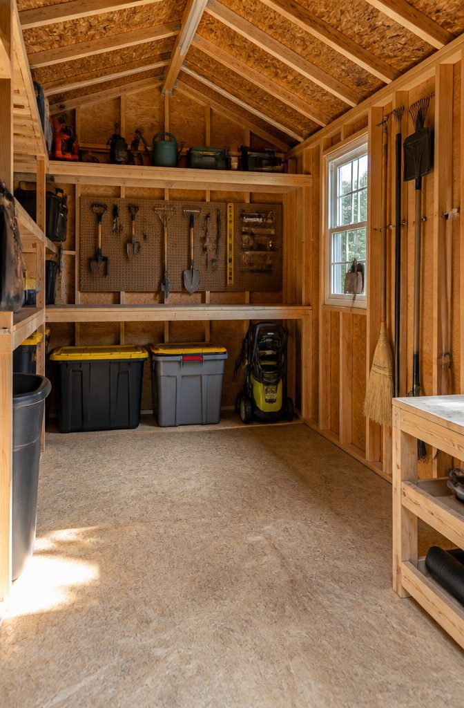 Organized storage shed with shelves and pegboard hooks.