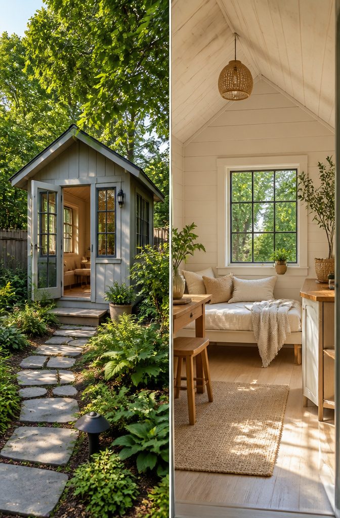 Tiny house shed exterior ready for guest accommodations.