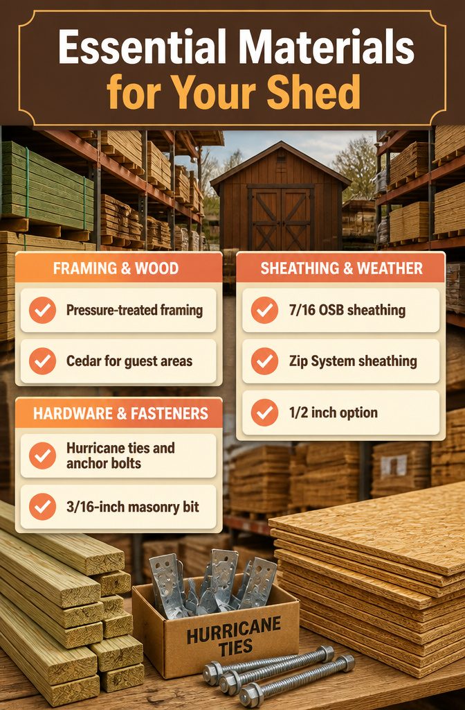 Material list detailing supplies for shed construction.