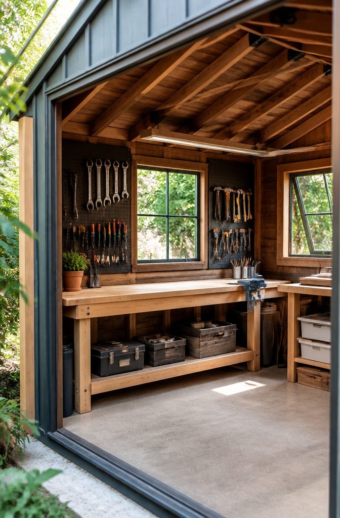 Workshop shed with a large workbench and tool storage.