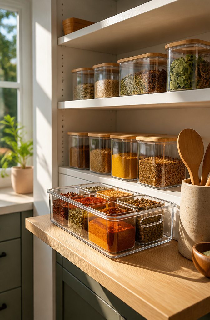 9 Spice Storage Ideas for a More Organized Kitchen in 2026 6 Clear storage bins containing spices, arranged neatly on a kitchen shelf.