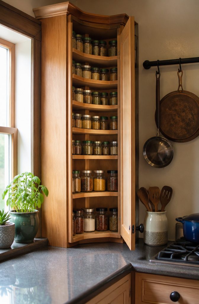 9 Spice Storage Ideas for a More Organized Kitchen in 2026 8 Bespoke spice organizer designed for a corner cabinet.