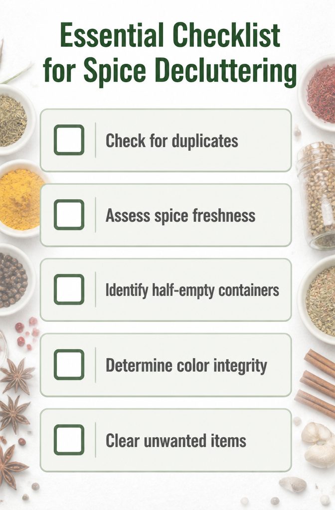 9 Spice Storage Ideas for a More Organized Kitchen in 2026 11 Checklist for spice decluttering with jars and packets displayed.