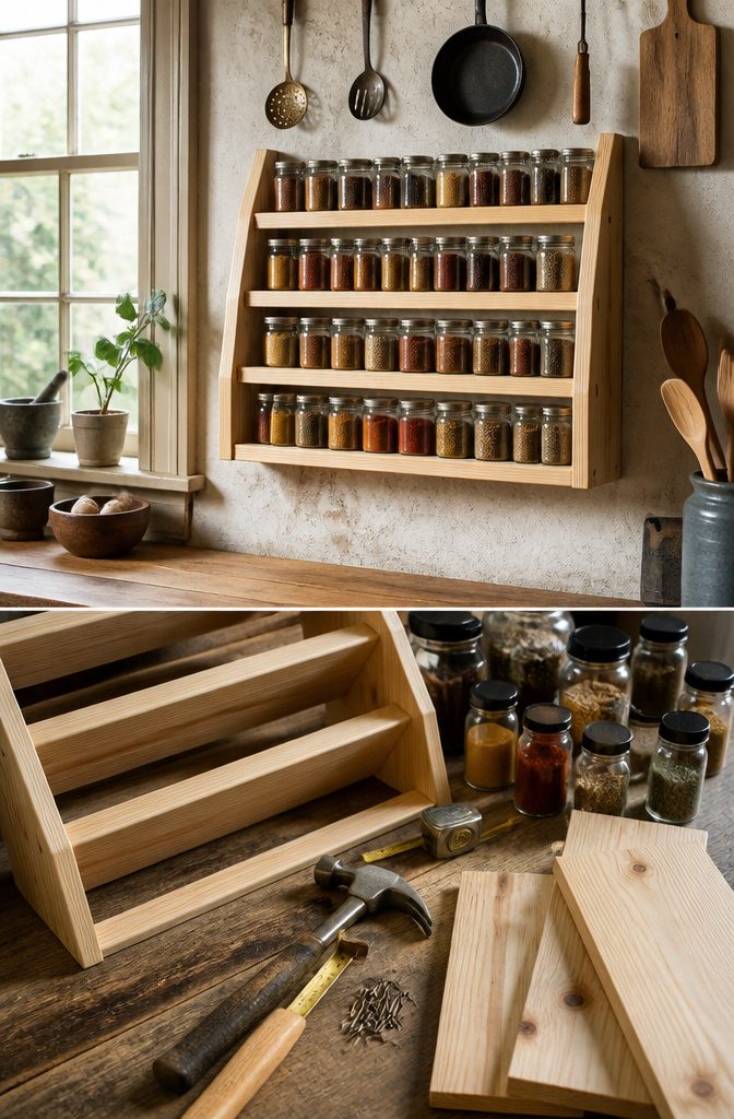9 Spice Storage Ideas for a More Organized Kitchen in 2026 14 Homemade tiered spice rack constructed from scrap wood.
