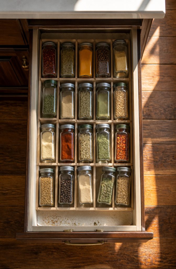 9 Spice Storage Ideas for a More Organized Kitchen in 2026 5 Drawer organizer with spice jars lined up for easy access.