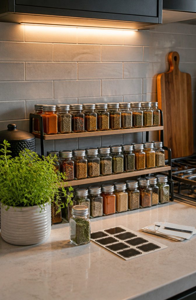 9 Spice Storage Ideas for a More Organized Kitchen in 2026 10 Labeled spice jars arranged on a countertop with a small herb plant.