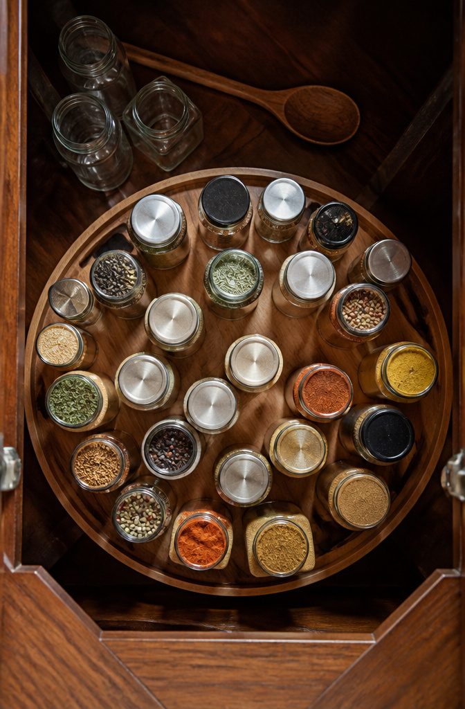 9 Spice Storage Ideas for a More Organized Kitchen in 2026 4 Lazy Susan turntable in a corner cabinet for easy spice access.