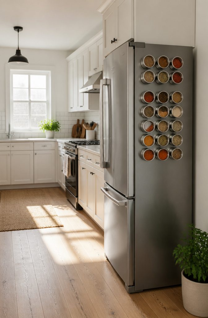 9 Spice Storage Ideas for a More Organized Kitchen in 2026 3 Magnetic spice tins mounted on a refrigerator for convenient access.