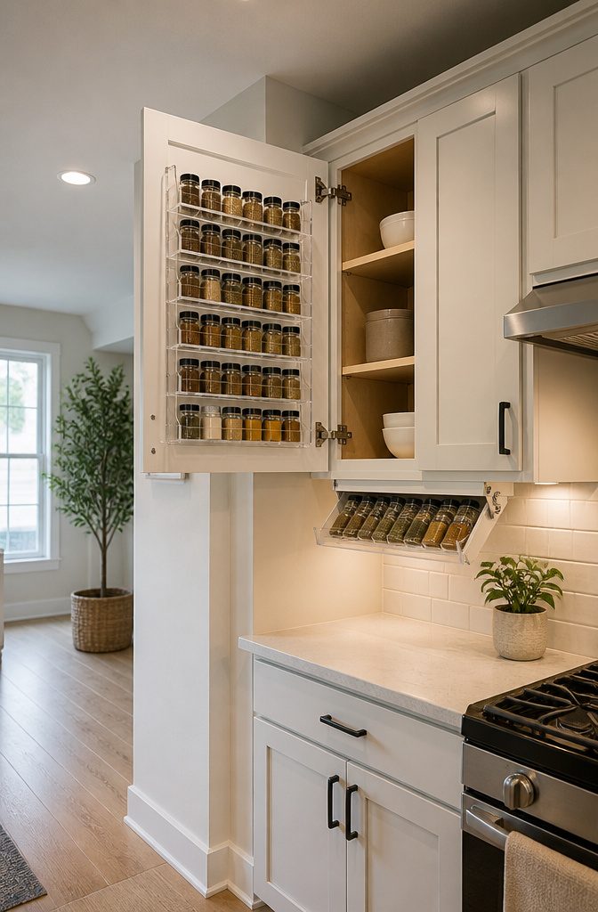 9 Spice Storage Ideas for a More Organized Kitchen in 2026 15 Shallow spice rack mounted on the inside of a cabinet door.