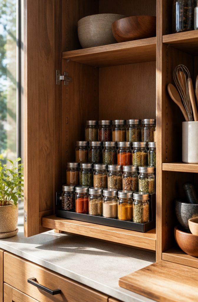 9 Spice Storage Ideas for a More Organized Kitchen in 2026 2 Tiered spice rack with glass jars elevated for easy label visibility.