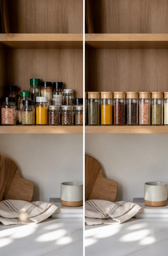 9 Spice Storage Ideas for a More Organized Kitchen in 2026 9 Row of uniform spice jars with bamboo lids displayed on a shelf.