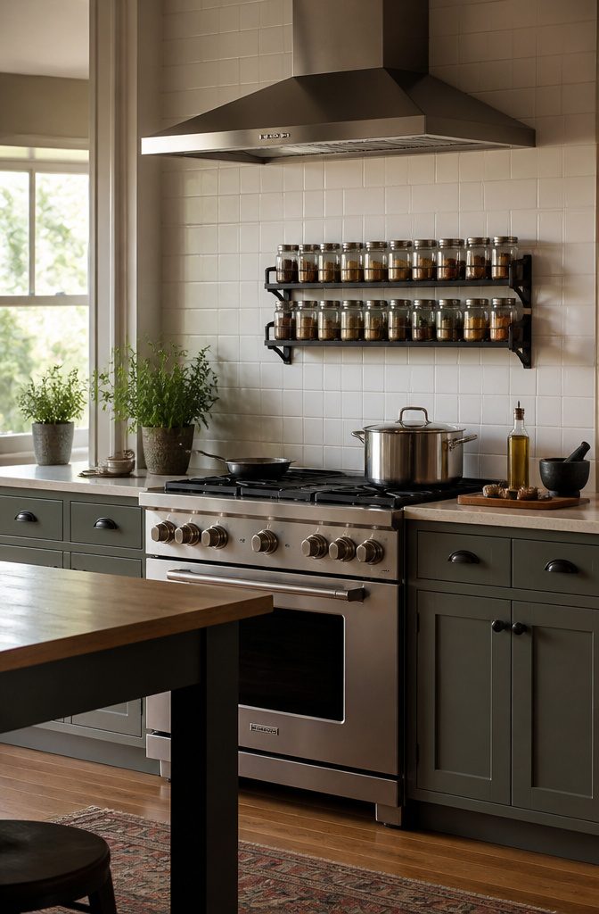 9 Spice Storage Ideas for a More Organized Kitchen in 2026 7 Wall-mounted shelves holding spice jars near a cooking area.