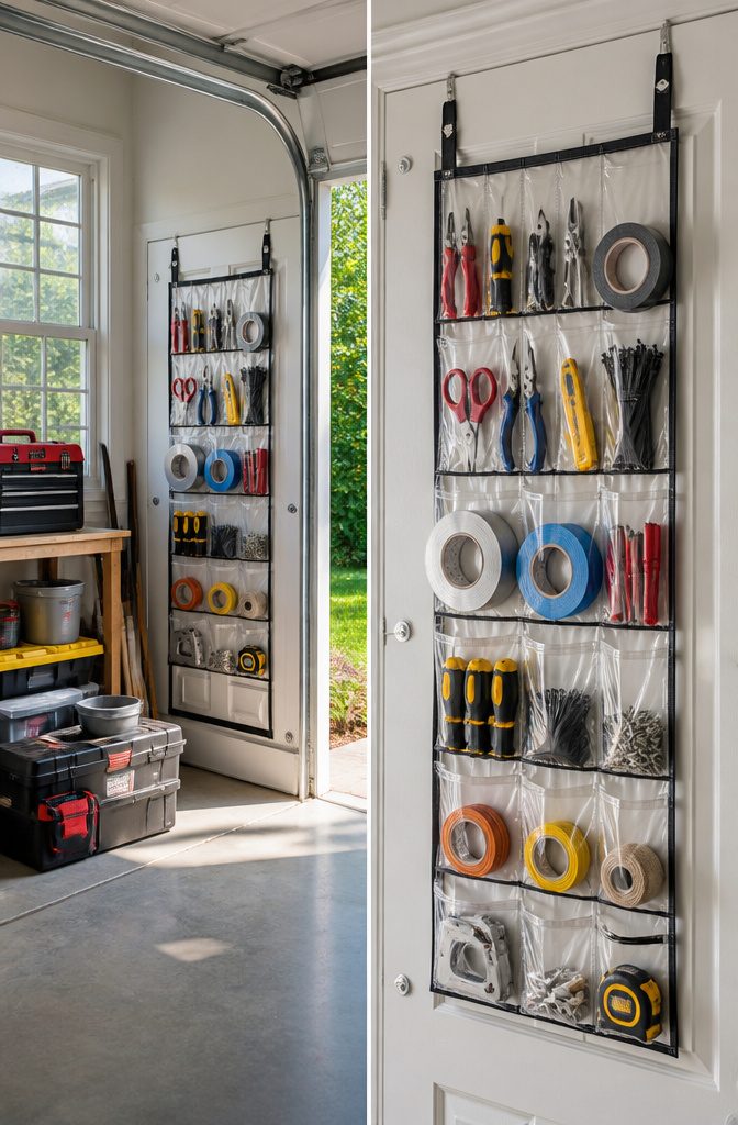 12 Tool Storage Ideas for Garages, Workshops & Sheds (2026) 8 A clear pocket shoe organizer hanging on a door filled with tools and gloves.
