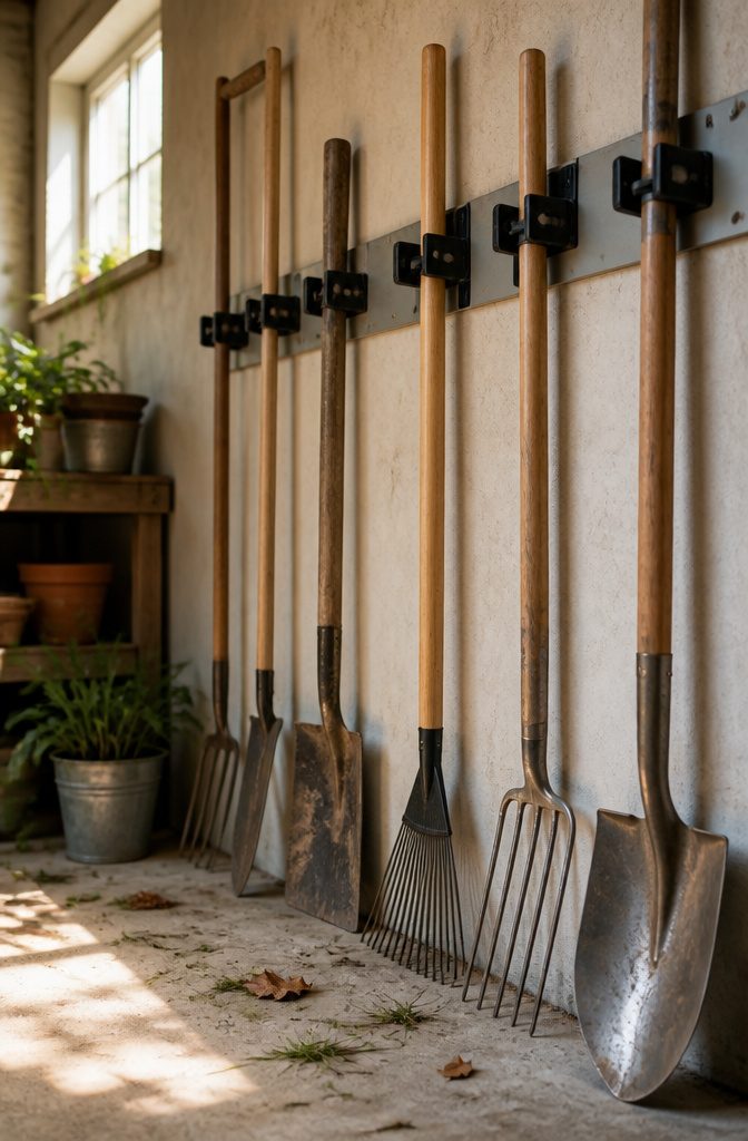 12 Tool Storage Ideas for Garages, Workshops & Sheds (2026) 10 Wall-mounted spring grippers holding various long garden tools.