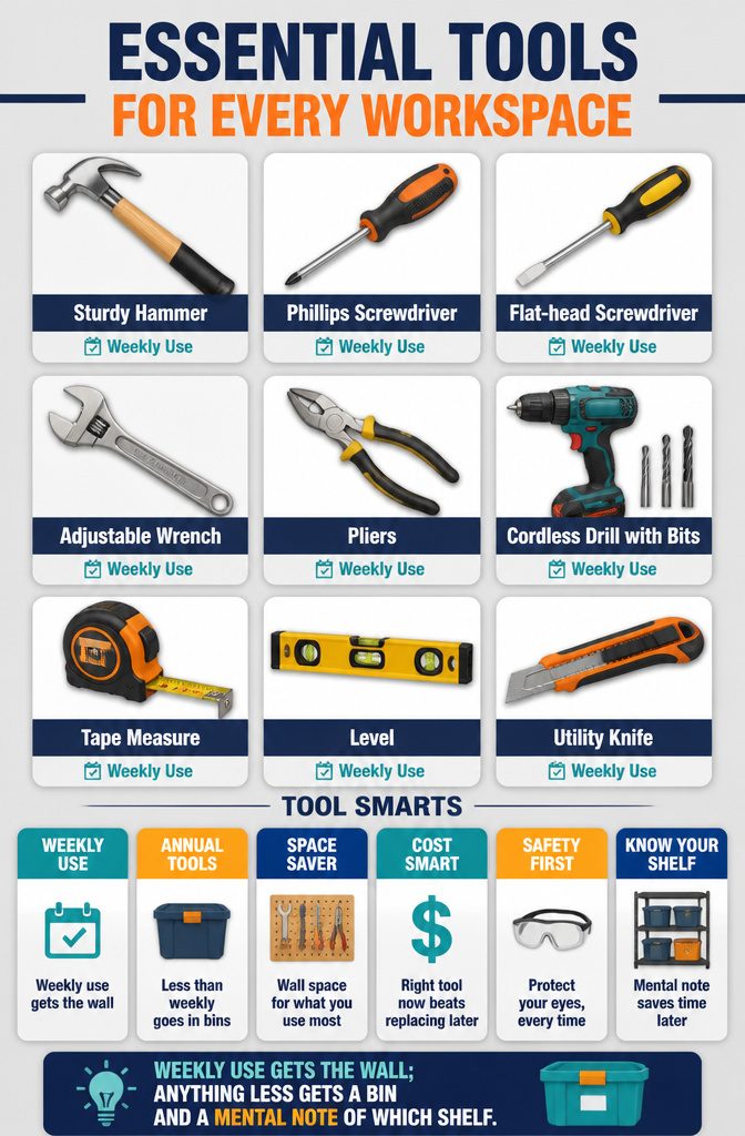 12 Tool Storage Ideas for Garages, Workshops & Sheds (2026) 14 A collection of essential tools including hammers and screwdrivers on display.
