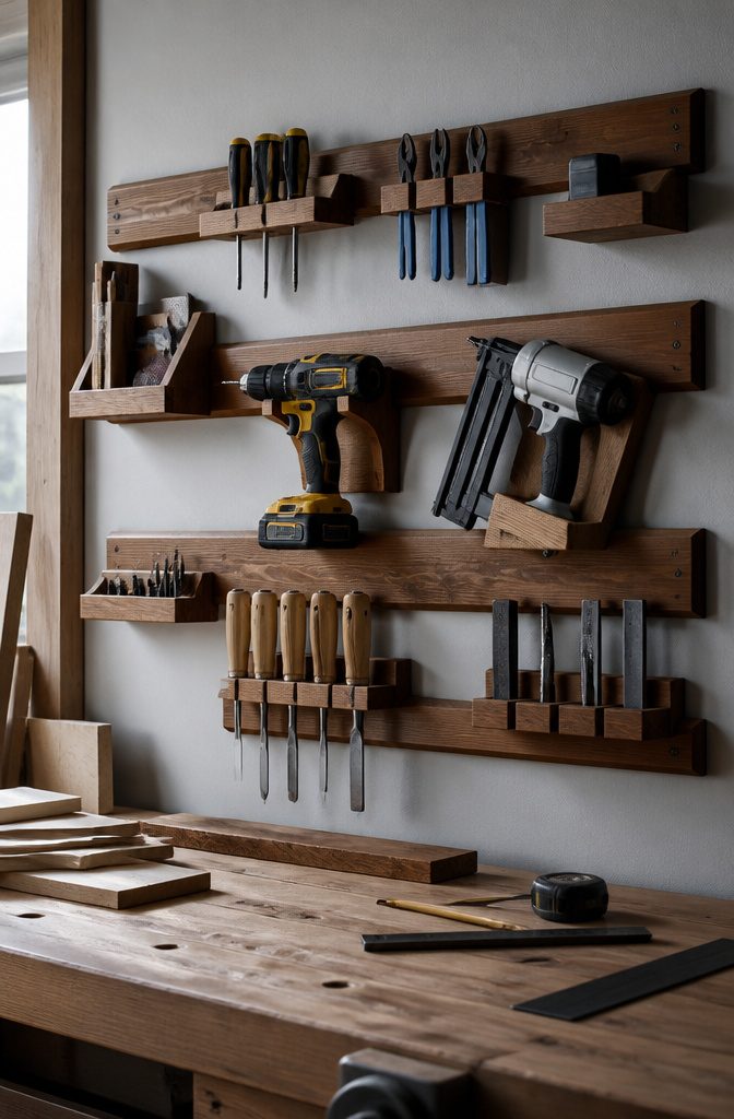 12 Tool Storage Ideas for Garages, Workshops & Sheds (2026) 4 A French cleat system with custom brackets for tools on a garage wall.
