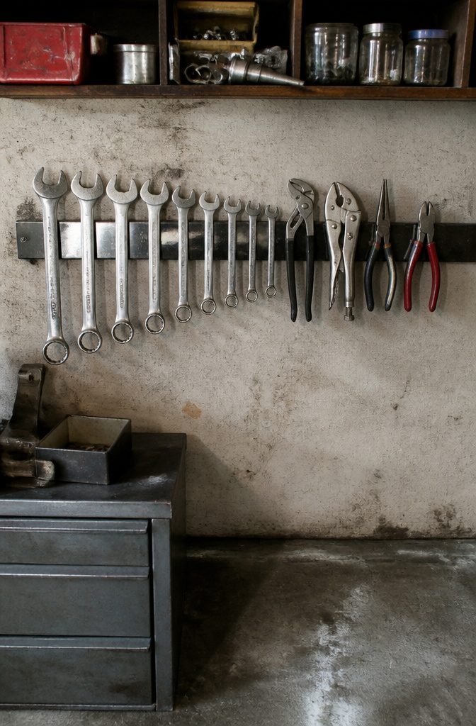 12 Tool Storage Ideas for Garages, Workshops & Sheds (2026) 5 Neodymium magnetic strips mounted on a wall holding various tools.