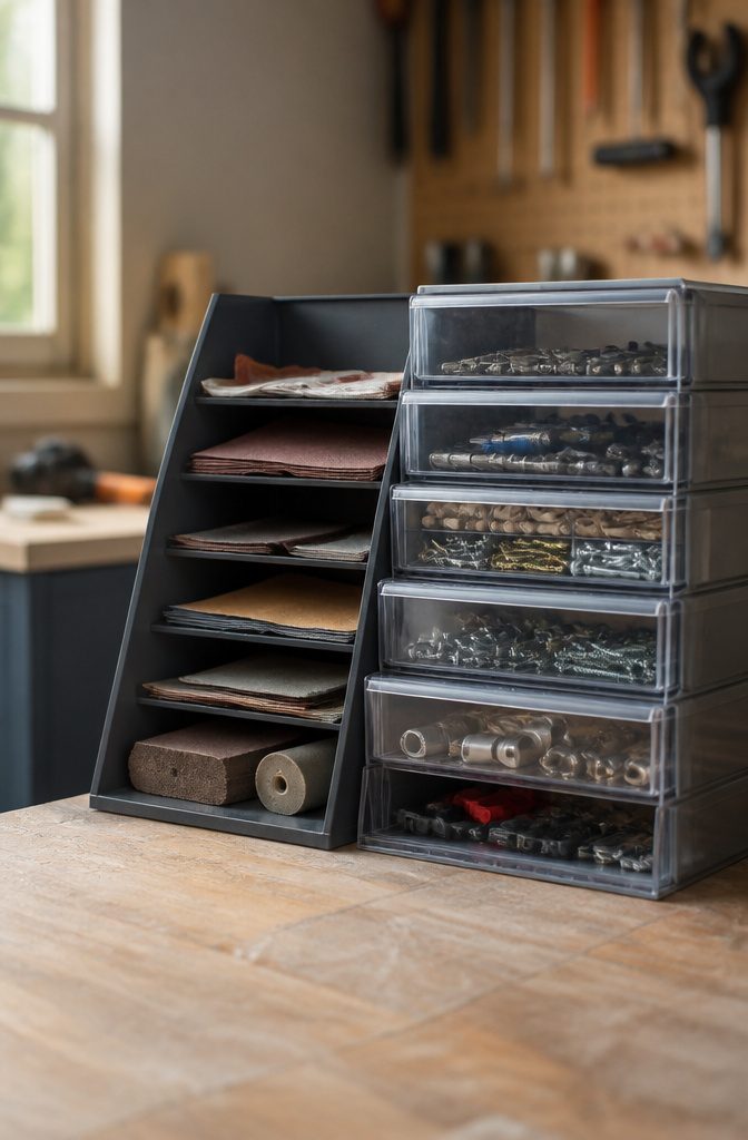 12 Tool Storage Ideas for Garages, Workshops & Sheds (2026) 13 An office supply letter tray used to store sheets of sandpaper and tools.