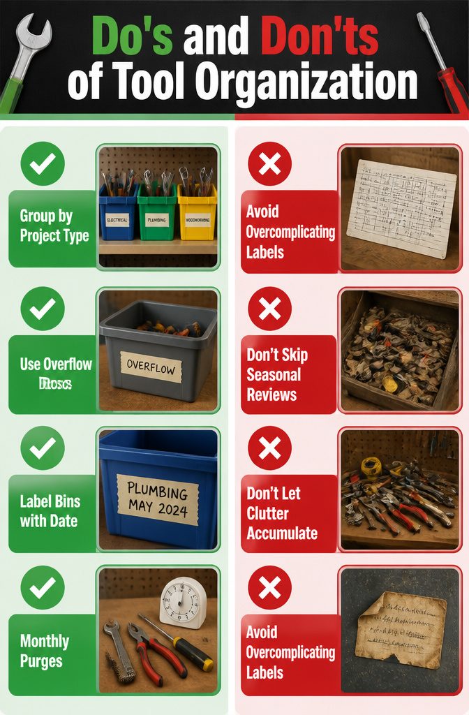 12 Tool Storage Ideas for Garages, Workshops & Sheds (2026) 18 Bins labeled for different categories of tools stored on a shelf.