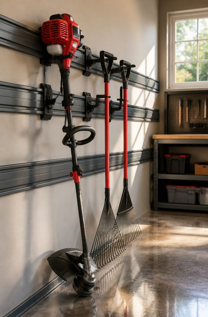 12 Tool Storage Ideas for Garages, Workshops & Sheds (2026) 3 A steel rail system holding garden tools and equipment on a wall.