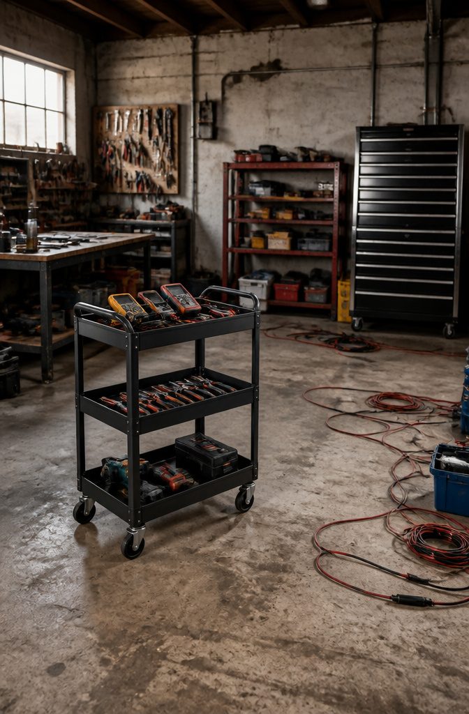 12 Tool Storage Ideas for Garages, Workshops & Sheds (2026) 7 A three-tier steel rolling cart filled with electrical tools and supplies.