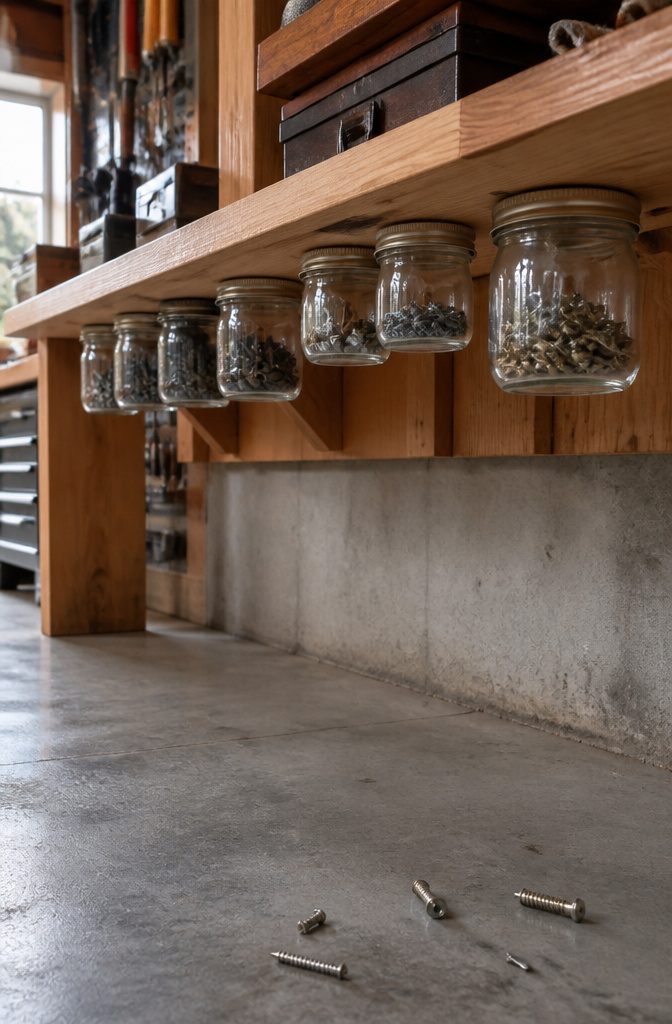 12 Tool Storage Ideas for Garages, Workshops & Sheds (2026) 6 Clear screwable jars fixed under a wooden shelf holding screws and fasteners.