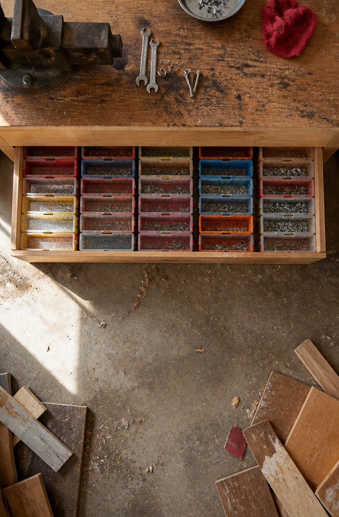 12 Tool Storage Ideas for Garages, Workshops & Sheds (2026) 12 Bankers boxes neatly stored under a workbench filled with fasteners.