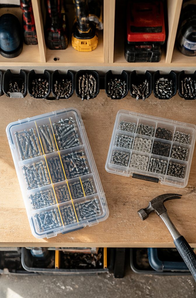 12 Tool Storage Ideas for Garages, Workshops & Sheds (2026) 9 A labeled Plano box containing sorted small hardware pieces on a workbench.
