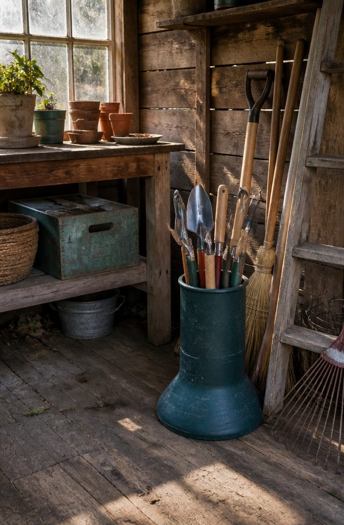 12 Tool Storage Ideas for Garages, Workshops & Sheds (2026) 11 A plastic umbrella stand holding various garden hand tools upright.