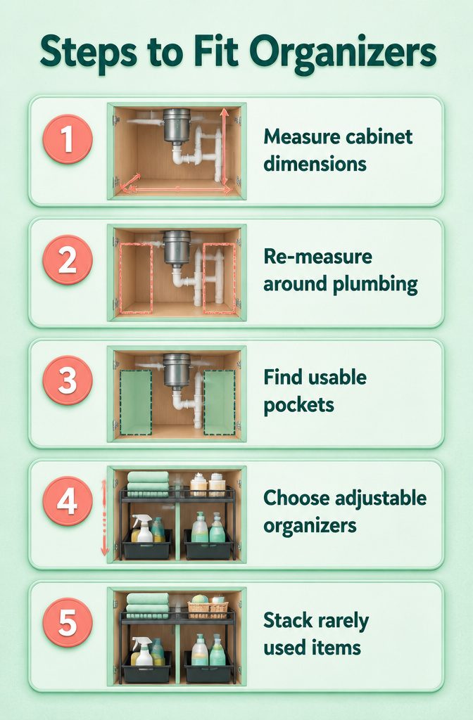 Under Sink Cabinet Organization Ideas for Kitchens and Bathrooms 10 Diagram showing steps to measure for under-sink organizers.