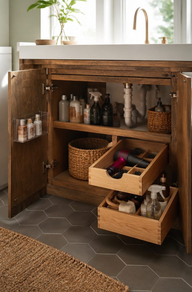 Under Sink Cabinet Organization Ideas for Kitchens and Bathrooms 12 Personalized under-sink cabinet storage for cleaning supplies and tools.