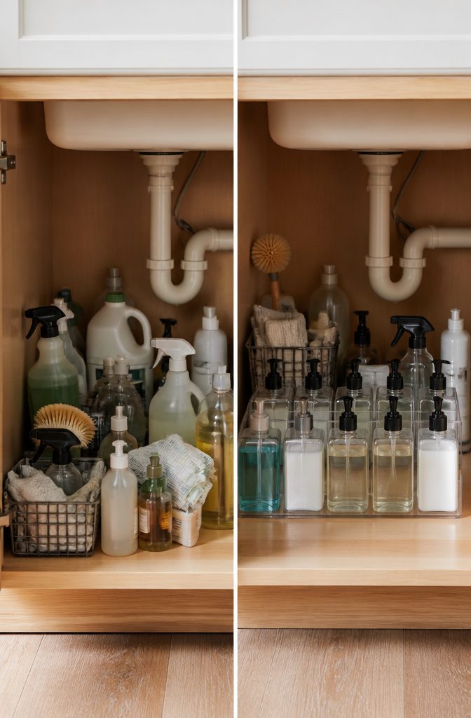 Under Sink Cabinet Organization Ideas for Kitchens and Bathrooms 8 Uniform containers neatly organized under a sink for cleaning products.